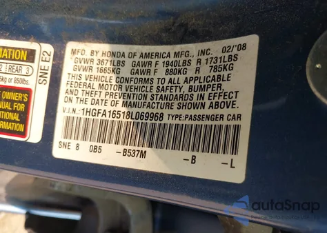 2008 Honda Civic Lx z USA, uszkodzony, nr VIN 1HGFA16518L069968